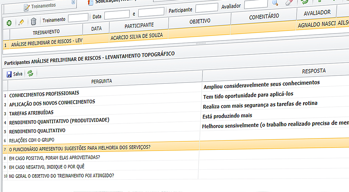 Tela de avaliação de treinamento realizado