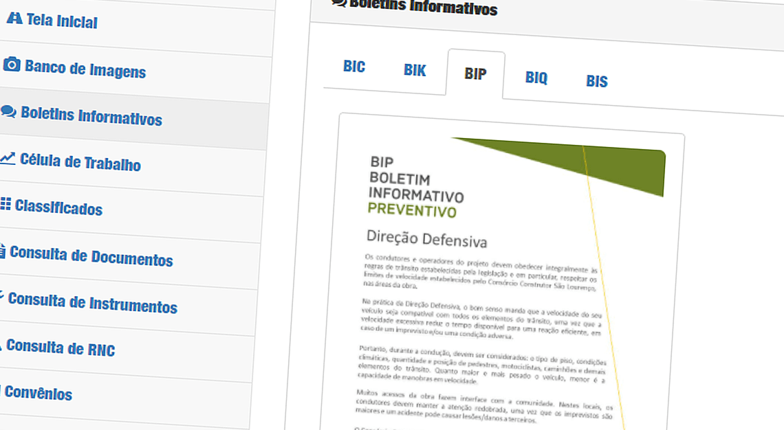 Tela de boletins informativos com um boletim de exemplo