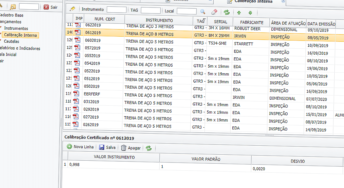 Tela de certificados de calibrações internas com o número do certificado, instrumento, tag, data de emissão e fabricante