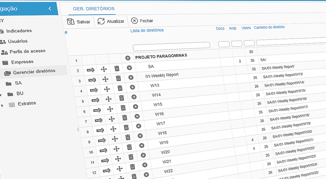 Tela de genciar diretórios do software Autolink