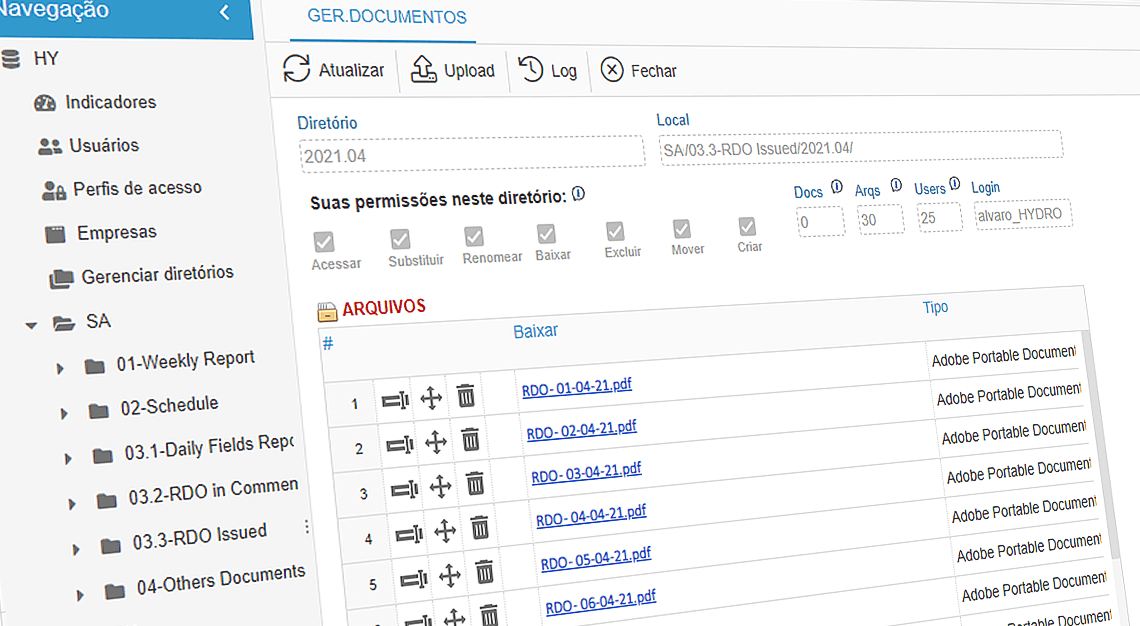 Tela de gerenciar arquivos/dpcumentos do software Autolink