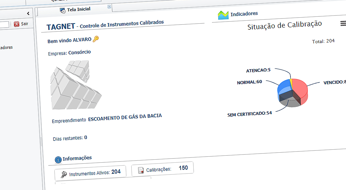 Tela inicial do Tagnet com o logo branco Webdutos e um gráfico indicador de Situação de calibração