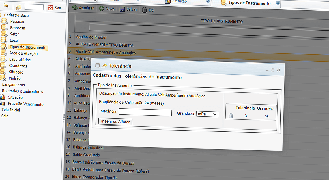 Tabela de tolerancia normativa para cada instrumento mostrando como cadastrar as tolerâncias do instrumentos