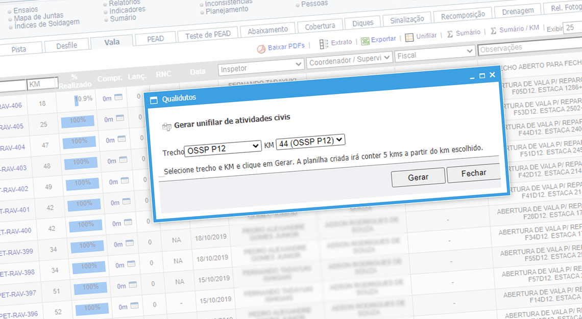 Tela de atividades civis mostrando como gerar unifilar de atividades civis