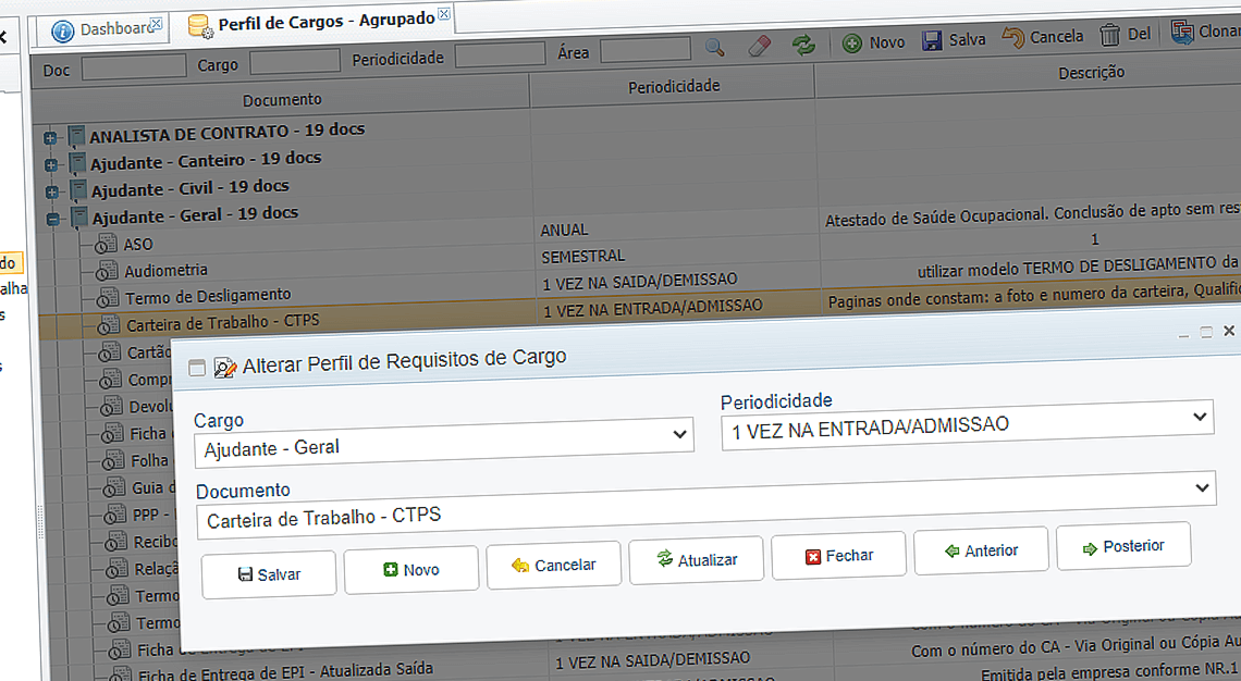 Tela de Perfis de Cargo mostrando como alterar Perfil de Requisitos de Cargo