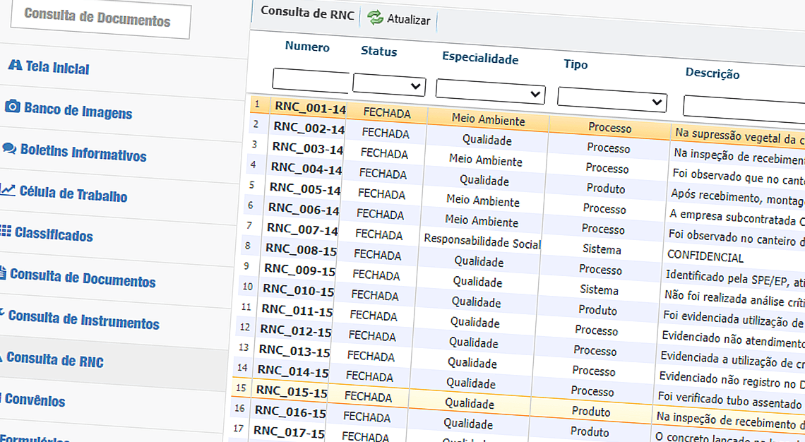 Tela de consulta de documentos com uma lista de todas as RNCs