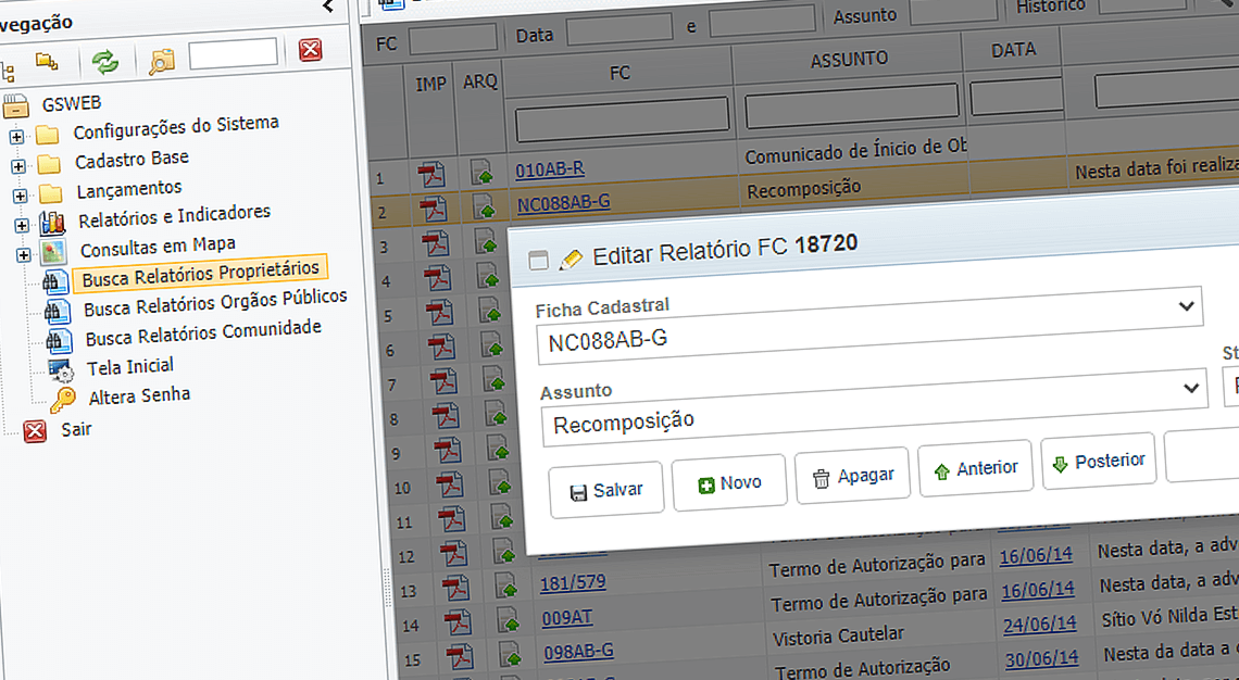 Tela de Ficha cadastral e 'Nada Consta' mostrando como editar uma ficha cadastral