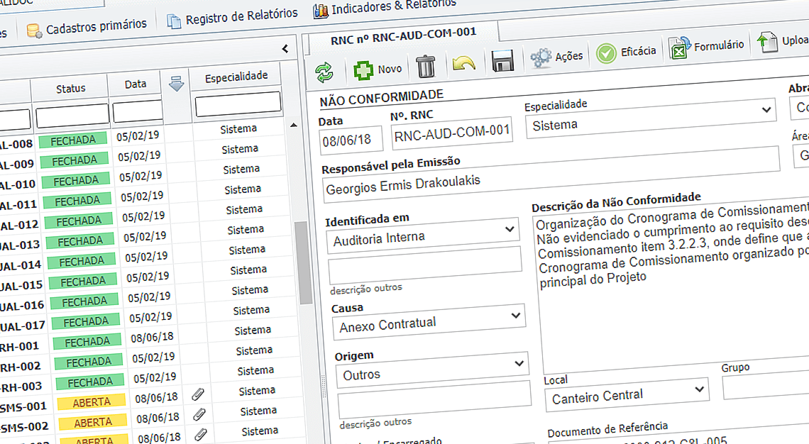 Tela de registro de não conformidade