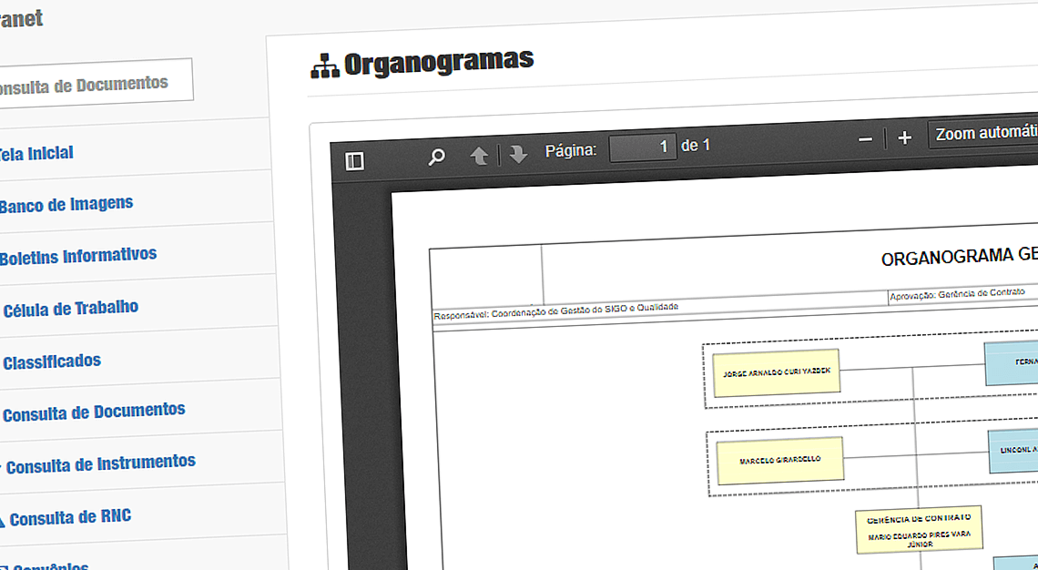 Tela de informações relevantes com um organograma exemplo