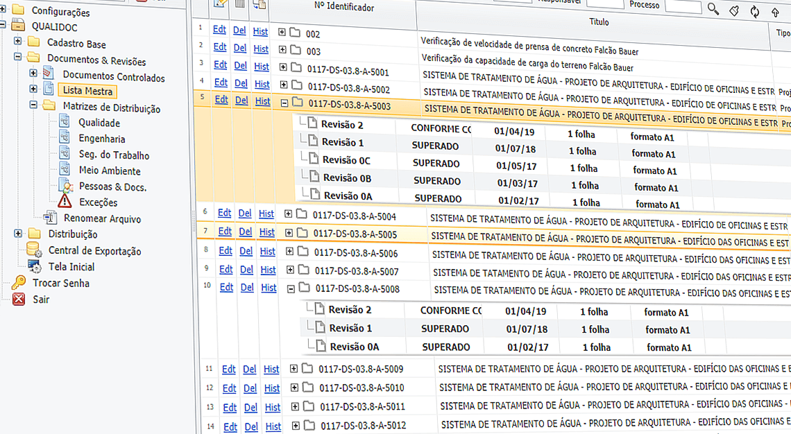 Tela de lista mestra de documentos