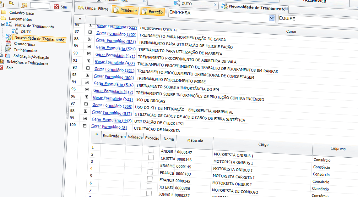 Tela de lista de presença do treinamento selecionado