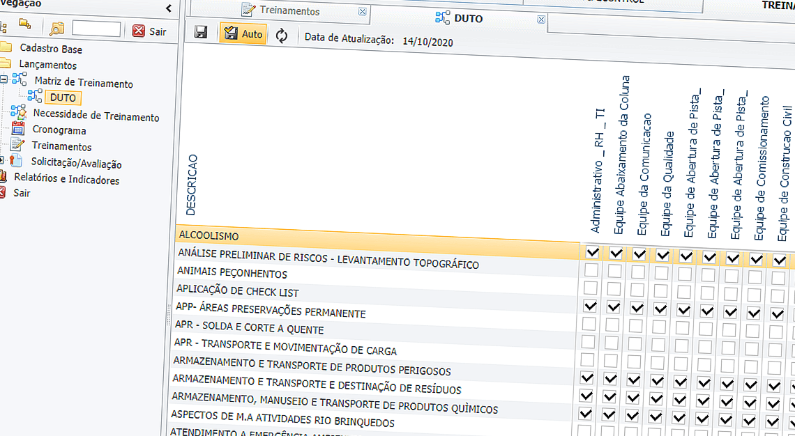 Tela de matriz de treinamento