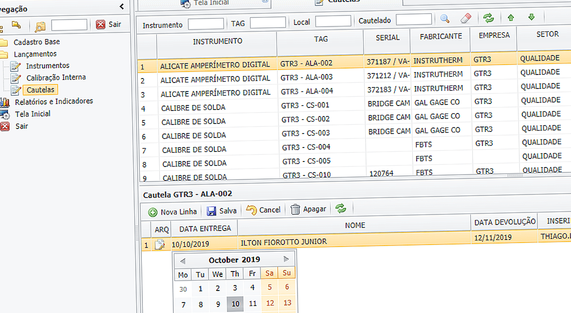 Tela de prazos de calibração com informações sobre o instrumento, tag, serial, fabricante, empresa e setor